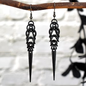 Pure Black Spike Earrings - Lightweight & Edgy Chainmaille