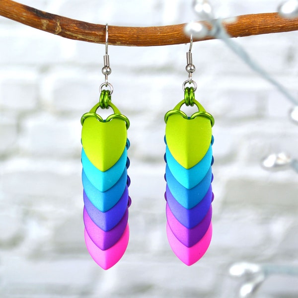 Electric Rainbow Long Chevron Dangle Earrings, Colorful Modern Stacked Leaf Ombre - Bright, Vibrant & Lightweight