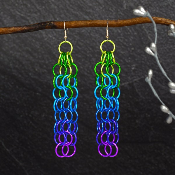 Bold Peacock Long Mesh Statement Earrings - Very Lightweight Chainmaille - Peacock Ombre (chartreuse to violet)