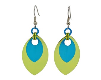 Lime Green and Turquoise - Double Leaf Earrings - Lightweight Anodized Aluminum