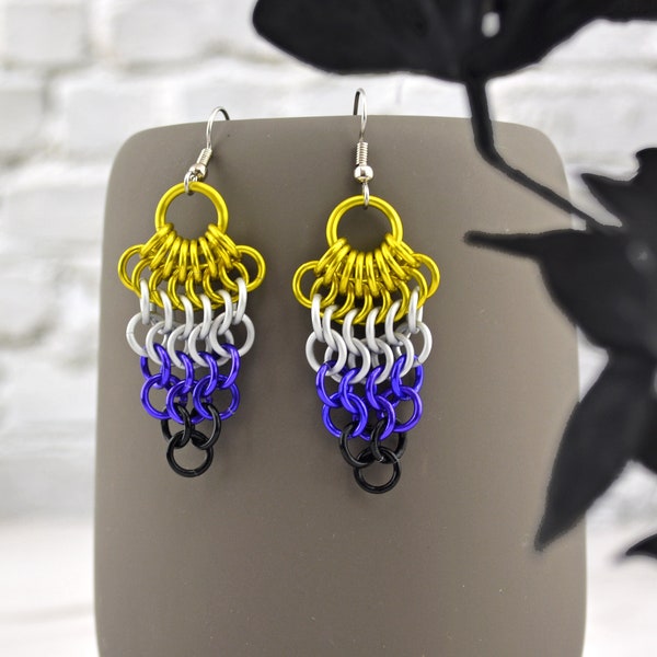 Nonbinary Pride Mesh Cluster Earring, Lightweight Enby Flag Tactile Chainmaille Earrings