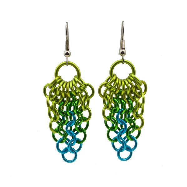 Cluster Earrings - Lightweight Aluminum Chainmaille Mesh Earrings in Enchanted Forest Colorway (chartreuse, green, turquoise)