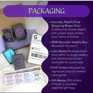 "PACKAGING" graphic showing an open cardboard box with purple tissue, a gray jewelry box, and a rainbow care guide. Text: Discreet, plastic-free shipping via plain EcoEnclose boxes and paper tape. 100% recycled, reusable jewelry boxes. Less-waste policy: multiple items share one box unless extras are purchased. First orders get a signature colorful care guide. Gift orders include a reusable organza bag.