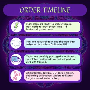 "ORDER TIMELINE" graphic with icons. 1: Most pieces take 1–3 business days to create. 2: Items ship from West Hollywood, California. 3: Orders are carefully packed in discreet, recyclable boxes and shipped via USPS with tracking. 4: Estimated delivery is 2–7 days in transit, with Priority or Express upgrades available for faster delivery. Dark purple mandala background with clear, easy-to-read process steps.