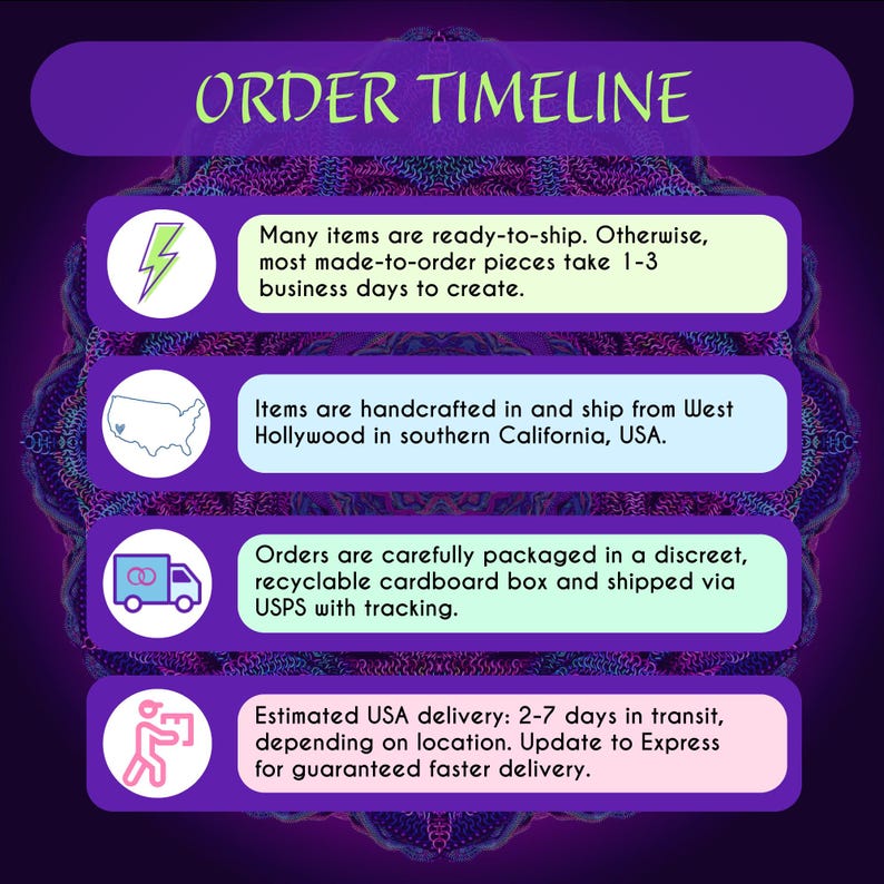 "ORDER TIMELINE" graphic with icons. 1: Most pieces take 1–3 business days to create. 2: Items ship from West Hollywood, California. 3: Orders are carefully packed in discreet, recyclable boxes and shipped via USPS with tracking. 4: Estimated delivery is 2–7 days in transit, with Priority or Express upgrades available for faster delivery. Dark purple mandala background with clear, easy-to-read process steps.