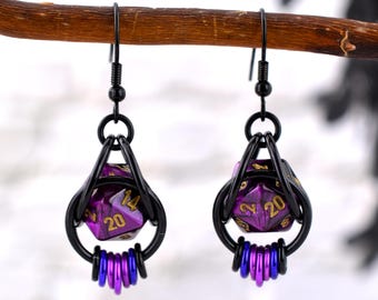 Purple Goth Dice Earrings - Mini d20 Cage Earrings With Black Violet Chainmaille Ombre