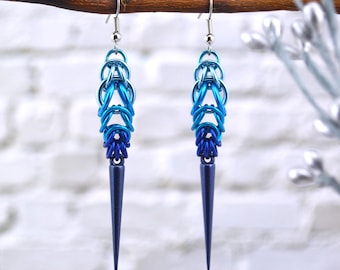 Blue Ombre Spike Earrings, Lightweight Elegant Dangle Chainmaille Earrings in Light Blue, Turquoise and Cobalt