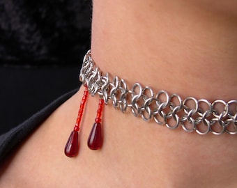 Vampire Bite Choker - Gothic Chainmaille Blood Drops Necklace, Adjustable Fit