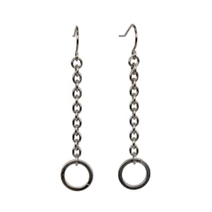 May include: Silver chain earrings with a circular pendant at the end of each chain.
