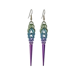 Pastel Ombre Spike Earrings, Lightweight Chainmaille in Unicorn-Inspired Colors: seafoam, light blue, lilac