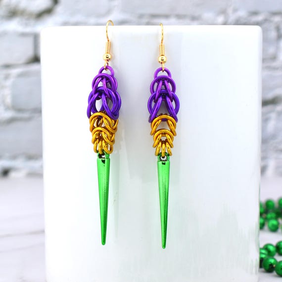 Mardi Gras Spike Earrings - Lightweight Chainmaille Jewelry in Aluminum and Acrylic