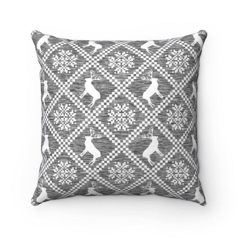 Cottage Christmas Square Pillow Gray Heather Reindeer and Etsy