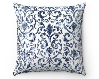 Multicolor 18x18 Elegant Damask Patterns Elegant Spanish Azul Damask Pattern Throw Pillow