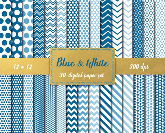Blue Digital Paper Pack Polka Dot Chevron Lined Scrapbook | Etsy