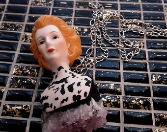 Amethyst Crystal with Porcelain Doll Head Arm Necklace