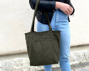 Shopper, Einkaufstasche groß aus Cord Stoff in Olive / grün mit Reißverschluss und Innentasche | handgemachtes Geschenk | madebyaevva