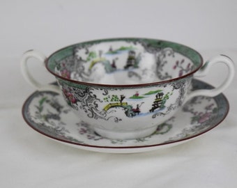 1800's Antique England Spode  Double Handle Bone China Porcelain Teacup and Saucer circa 1813-1833