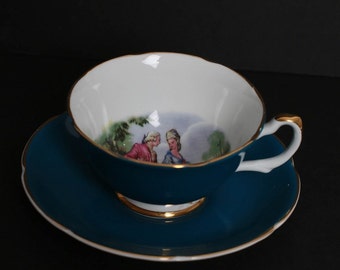 Very Beautiful Royal Grafton Marie Antionette courting couple interior of colbalt blue Teacup Fine Bone China England