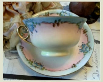 Antique MZ Austria Porcelin Hand Painted Teacup and Saucer blue yellow pink painies