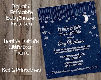 Twinkle Twinkle Little Star Baby Sprinkle or Shower Invitation, Star and Moon Themed Personalized Printable Digital Invitation