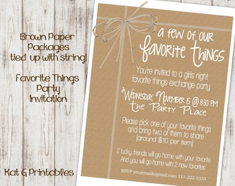 Favorite Things Party Invitation, Brown Paper Packages Tied Up With String, Girls Night Digital and Printable Personalized Invite