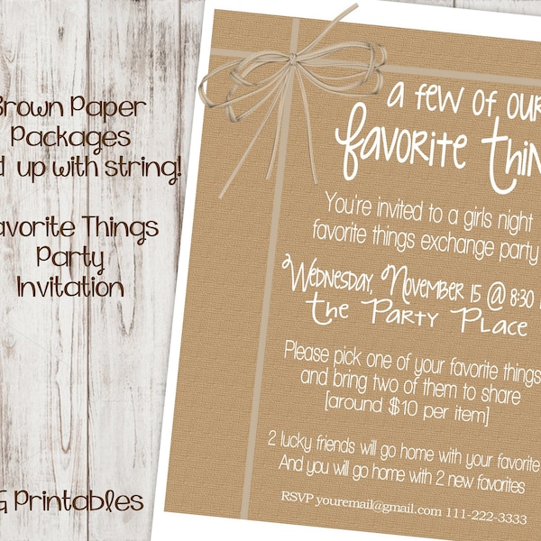 Favorite Things Party Invitation, Brown Paper Packages Tied Up With String, Girls Night Digital and Printable Personalized Invite