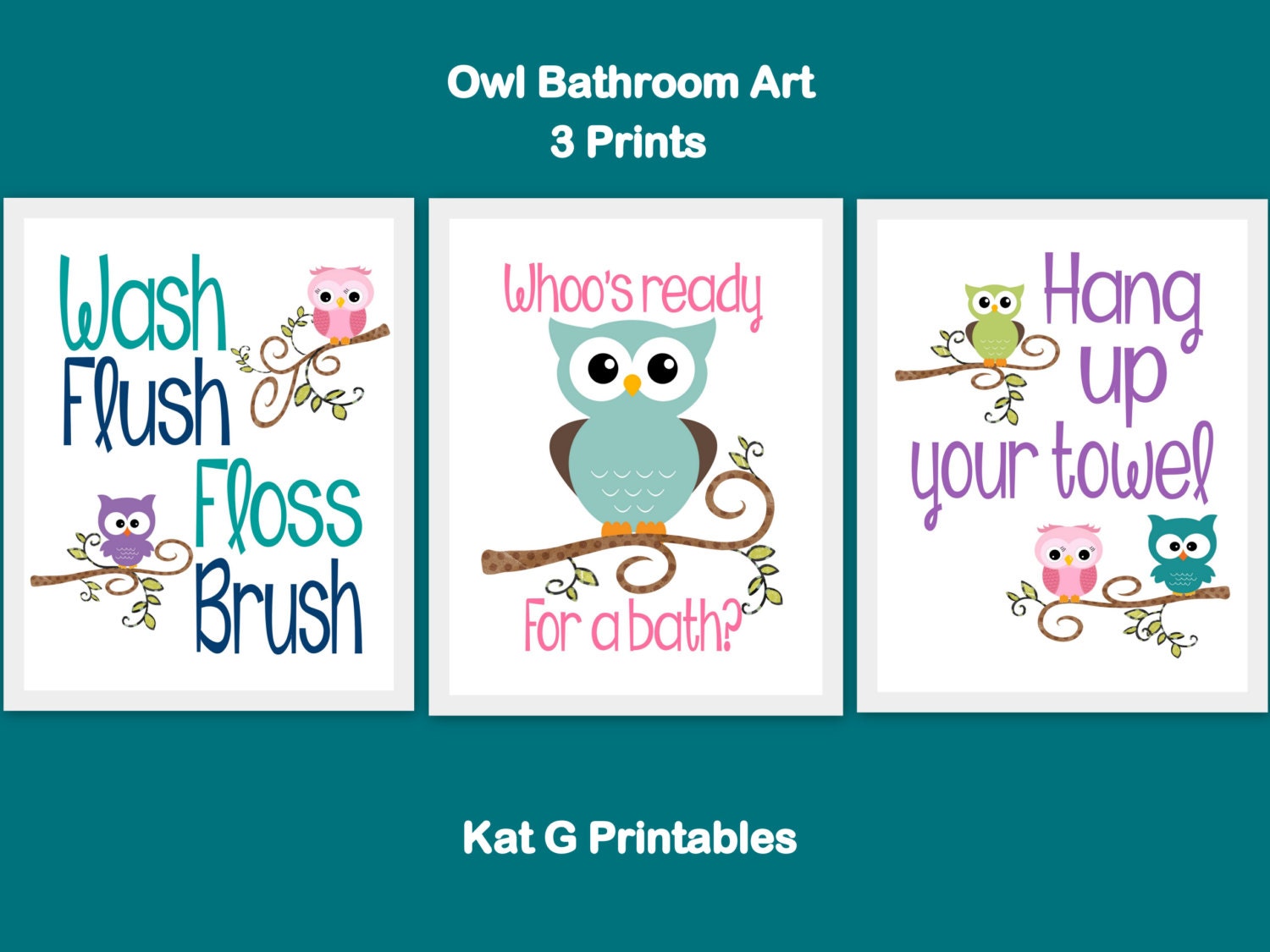 Owl Bathroom Prints Kids Bathroom Printable Owl Decor Etsy