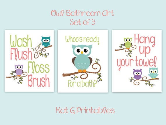 Owl Bathroom Prints Kid Bathroom Owl Decor Children S Etsy