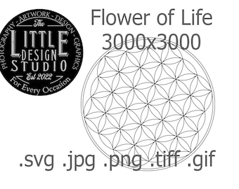 May include: A black and white digital illustration of the Flower of Life pattern. The image is 3000 pixels by 3000 pixels. The image is available in SVG, JPG, PNG, TIFF, and GIF formats.