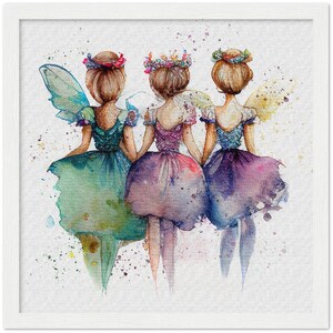 Colourful picture of 3 little fairies in a digitally created watercolour effect picture Classic Semi-Glossy Paper Wooden Framed Poster