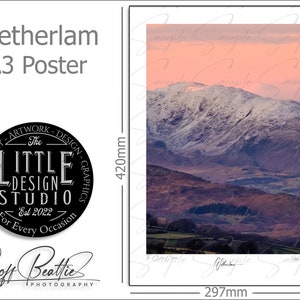 Lake district print, Wetherlam,  snowy mountain Cumbria. landscape photography scene in  portrait format poster print Home Gift Idea  A3