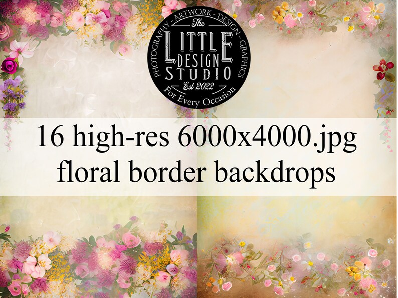 Floral Border Photography Backdrops: 16 AI Digital Overlays (digital ...