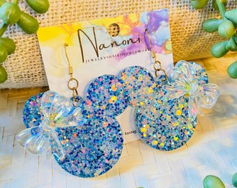Kolczyki z okazji 100. rocznicy ślubu Myszki Minnie, błyszczące niebieskie kolczyki z żywicy