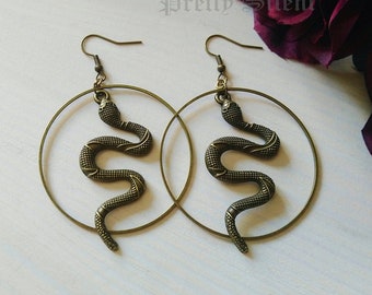 Grandi orecchini a cerchio di serpente, orecchini di serpente di bronzo, orecchini di serpente, orecchini pendenti di serpente (1 coppia)