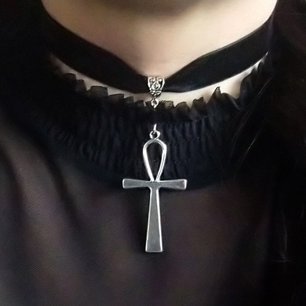 Collana girocollo in velluto con grande ciondolo ankh, classica collana girocollo gotica nera, croce ankh egizia