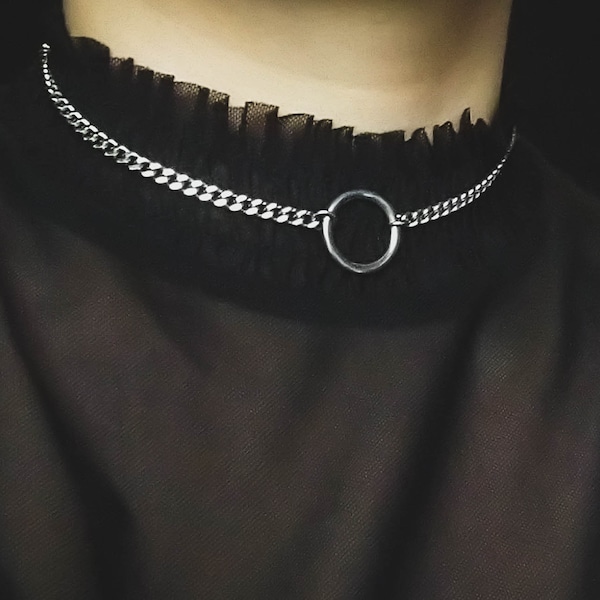 O-Ring-Choker aus Edelstahl, silber, stainless steel Halskette mit Ring, Panzerkette, Unisex Schmuck