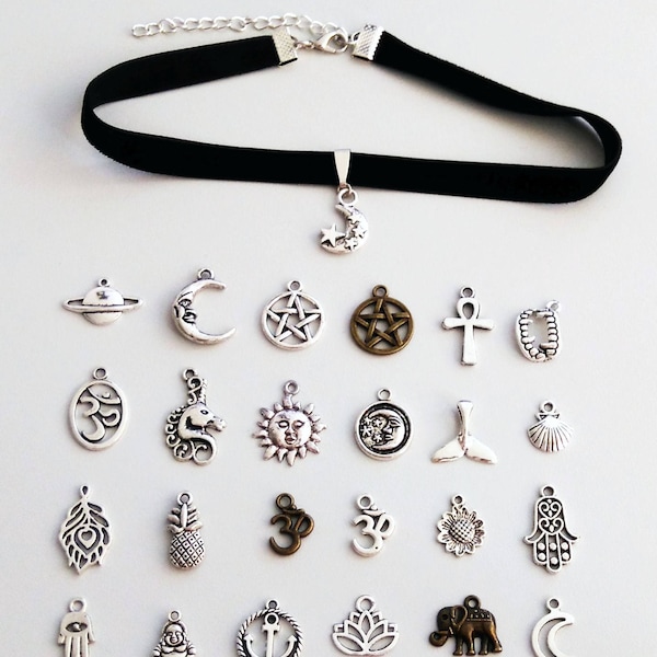 Choker nero con ciondolo a scelta, choker in velluto, choker a catena, 31 ciondoli tra cui scegliere, choker con ciondolo, choker nero