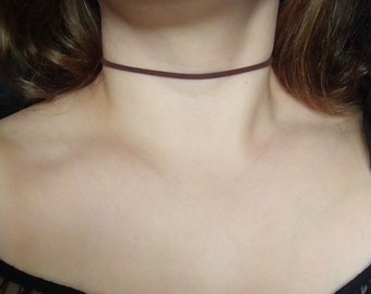 Thin brown choker necklace, light or dark brown plain suede choker, faux leather festival style choker