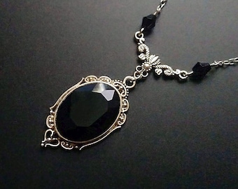Victorian black cameo necklace, classical gothic necklace, black cabochon necklace, gothic jewelry