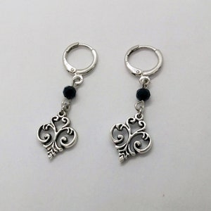 Ornament earrings silver, gothic hoop earrings, silver and black (1 pair)
