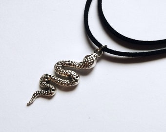 Double black choker with snake, layered choker necklace with silver serpent pendant - witchy, alternative, goth style
