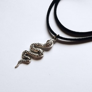 Double black choker with snake, layered choker necklace with silver serpent pendant - witchy, alternative, goth style