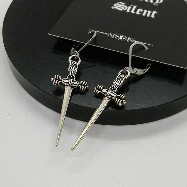 Silver dagger earrings,  Sword Huggie Earrings, Fantasy Earrings, Gothic Earrings  (one pair)