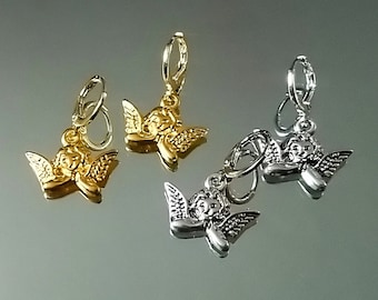 Cherub Huggie Earrings Gold or Silver, Angel Hoop Earrings, Angel Aesthetic, Angel Charms, Cherub Jewelry, Fairycore Aesthetic (one pair)