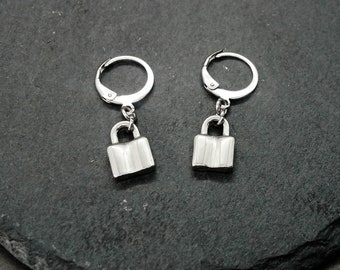 Padlock Huggie Earrings, stainless steel hoop earrings with padlock charms, 12 mm hoop earrings  (one pair)