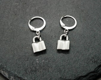 Padlock Huggie Earrings, stainless steel hoop earrings with padlock charms, 12 mm hoop earrings  (one pair)