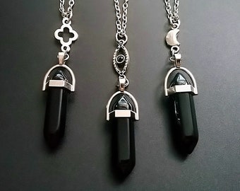 Necklace with onyx pendant, black crystal point necklace, boho, gothic jewelry