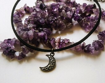 Bronze moon choker, boho crescent moon necklace, black faux suede choker