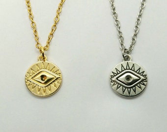 Evil eye necklace in silver or gold, necklace with coin charm, evil eye jewelry, nazar