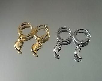 Mini moon huggie earrings, gold or silver small minimalistic hoop earrings, celestial earrings (one pair)